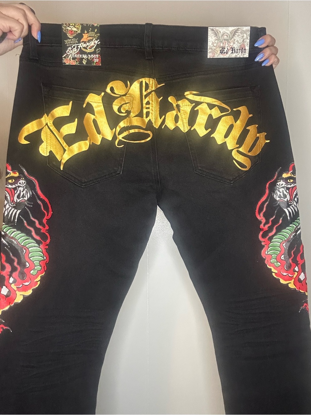 Ed Hardy Black Skinny Jeans with Gold Script and Red Dragon Panels